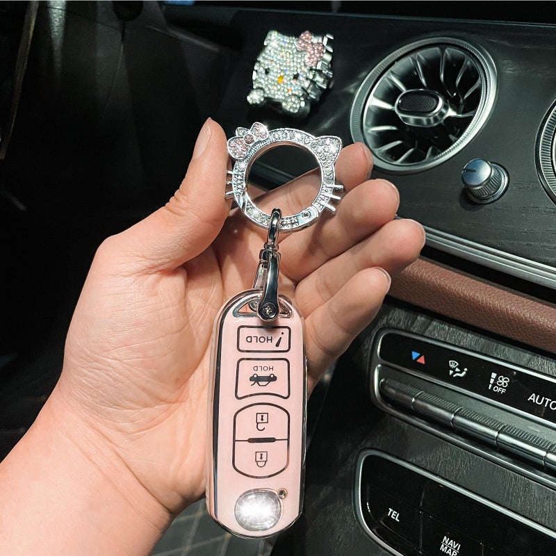 Pangpai Pink Car Accessories 3 Pcs for Mazda 3 6 8 Miata MX-5 CX-3 CX-5 CX-7 CX-9 Key Fob Cover with Bling Keychain Cute Push to Start Button Cover - Image 4